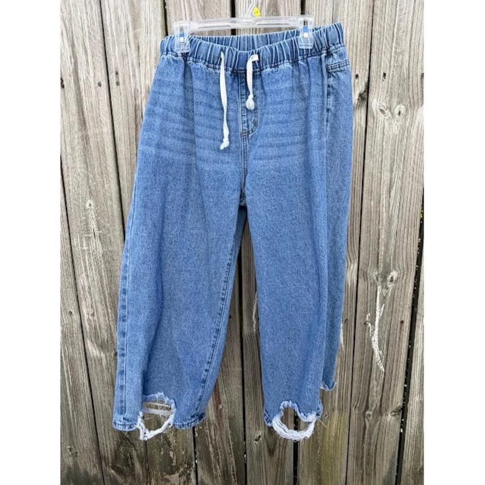 Streetwear Grunge SHEIN Curve Wide Leg Jeans 1XL Blue Distressed Drawstring Pant